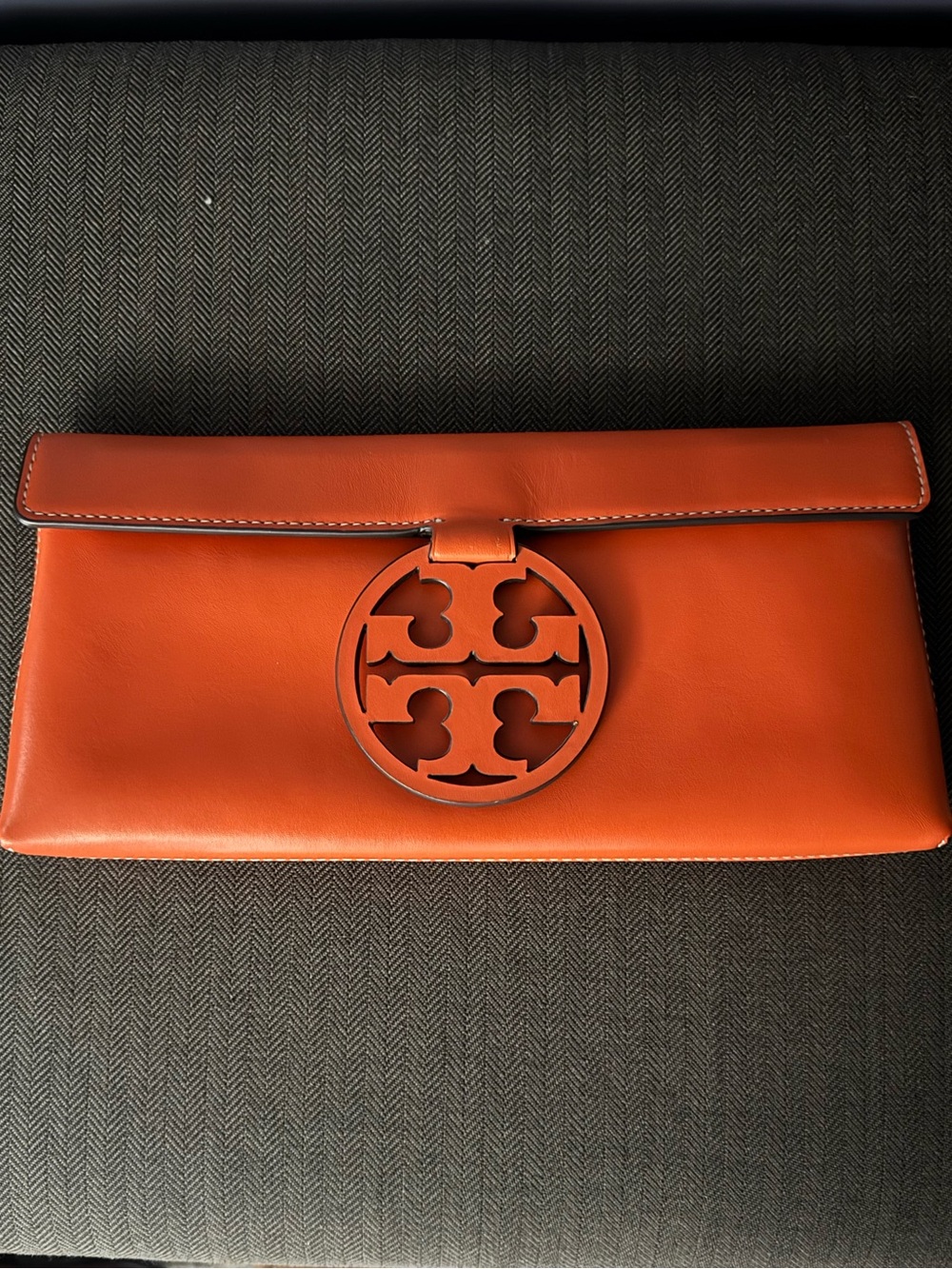 Tory Burch Orange Leather Logo Fold-Over Clutch